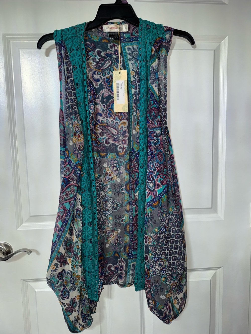 Urban Mangoz Long Sleeveless Boho Paisley Crochet Shoulder Vest-Teal & Purple XL